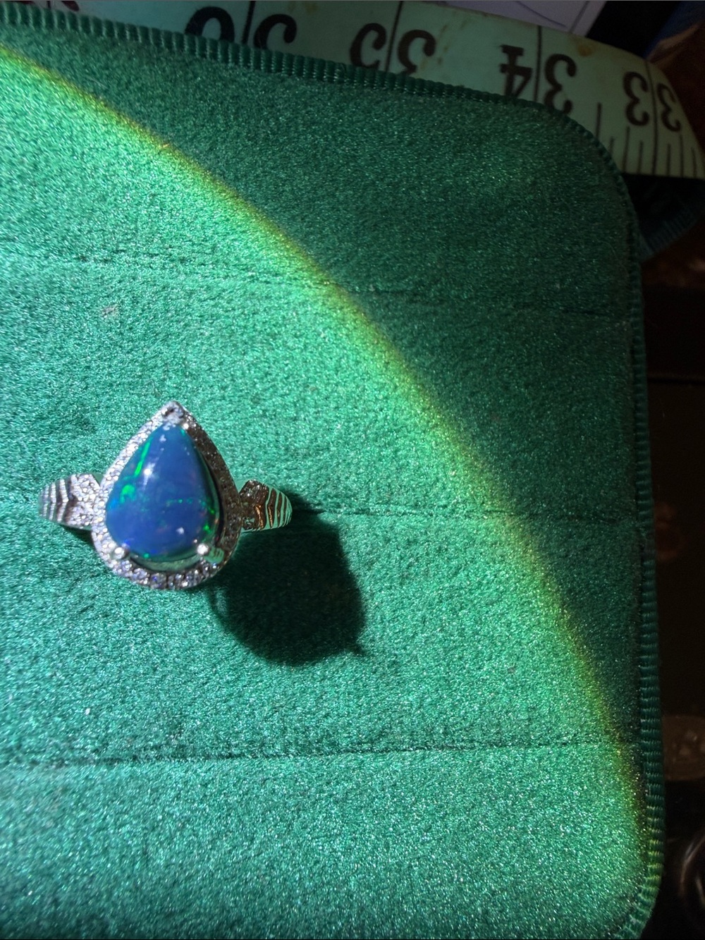 Teardrop Blue Opal Halo Sterling Ring size adjustable 6
